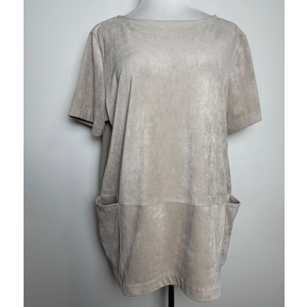 J. Jill Faux Suede Tunic‎ Top L Short Sleeve MInimalist Lagenlook Earthy Neutral